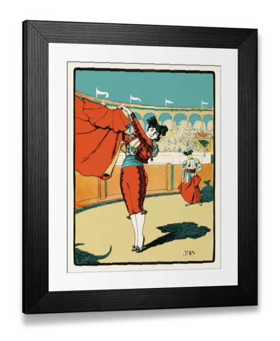 Framed Print : Young woman bullfighter in stadium fighting against bull art nouveau 1897