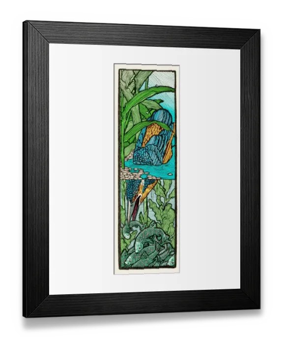 Framed Print : Common kingfisher fishing in river drawing art nouveau 1898 Framed Print : Common kingfisher fishing in river drawing art nouveau 1898
