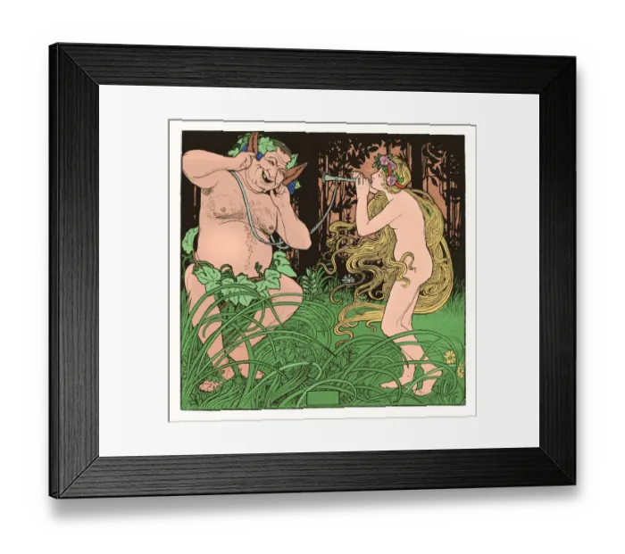 Framed Print : Pan playing flute with Dionysus in nature drawing art nouveau 1897 Framed Print : Pan playing flute with Dionysus in nature drawing art nouveau 1897