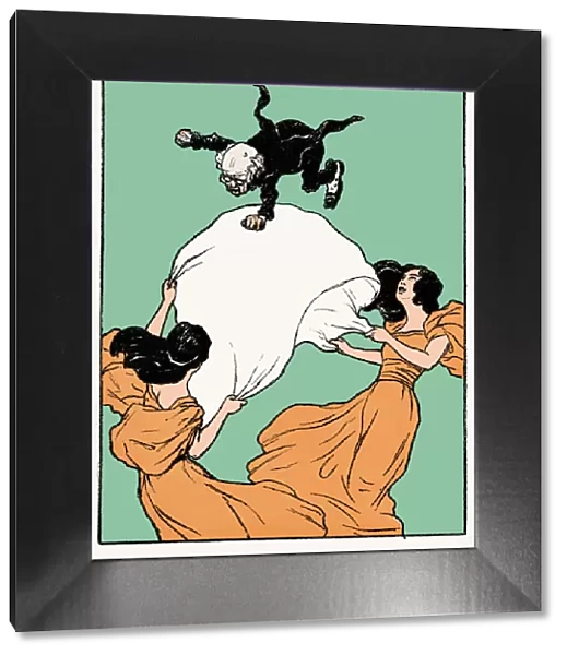 Displeased old man thrown into the air by two women nouveau 1897