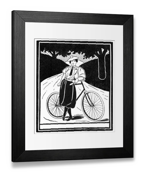 Framed Print : Young woman with bicycle on country road art nouveau 1897