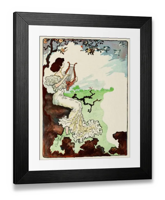Framed Print : Woman playing harp in nature dreaming art nouveau 1897 Framed Print : Woman playing harp in nature dreaming art nouveau 1897