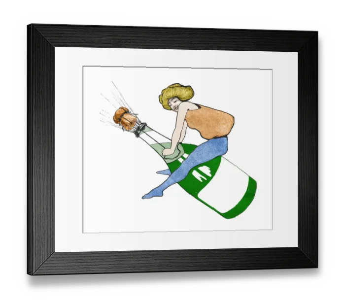 Framed Print : Woman riding champagne bottle at new year art nouveau 1897 Framed Print : Woman riding champagne bottle at new year art nouveau 1897