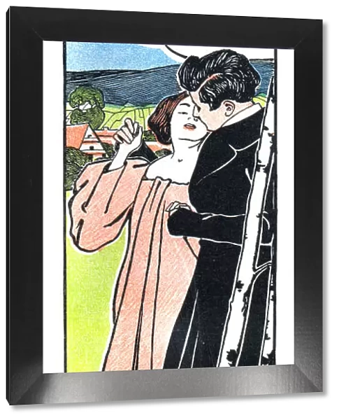 Couple kissing at spring with Birch illustration Art Nouveau 1897