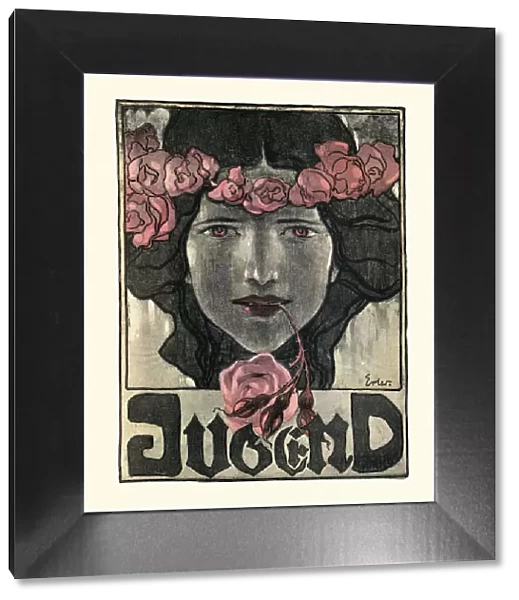 Art Nouveau portrait of Woman holding rose in her mouth, Youth, German