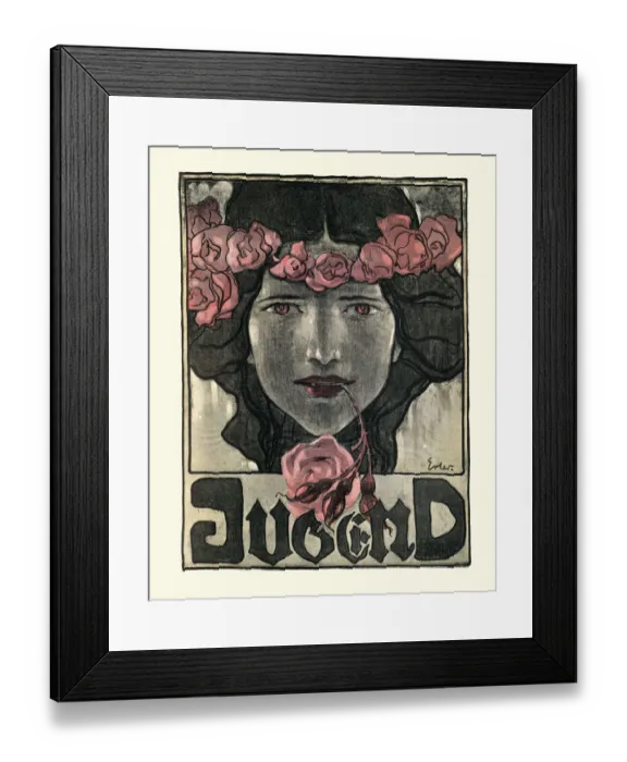 Framed Print : Art Nouveau portrait of Woman holding rose in her mouth, Youth, German Framed Print : Art Nouveau portrait of Woman holding rose in her mouth, Youth, German