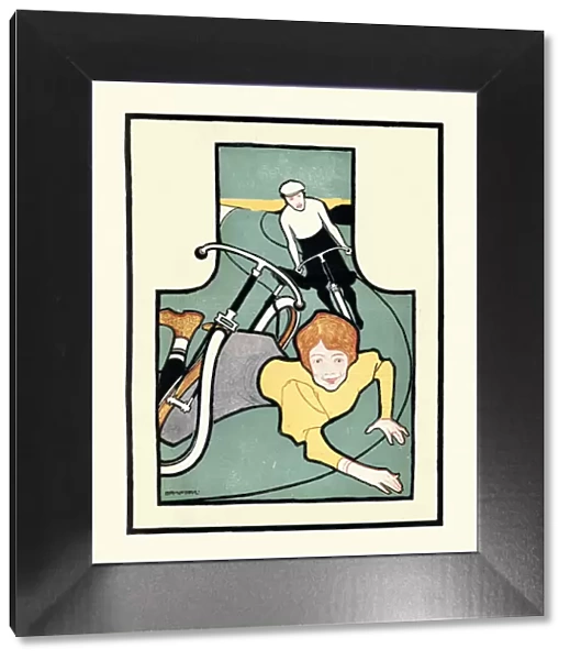 Cycling man and woman, falling off bicycle, 19th Century, Jugendstil, Art nouveau