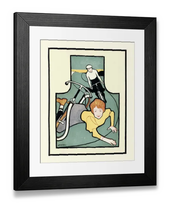 Framed Print : Cycling man and woman, falling off bicycle, 19th Century, Jugendstil, Art nouveau