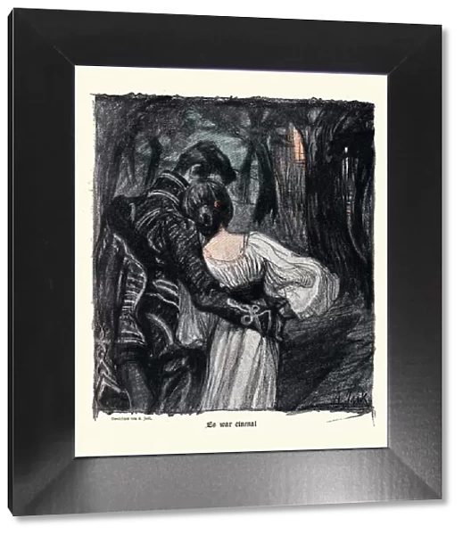 Young couple in love, walking through haunted darkness, Jugendstil art
