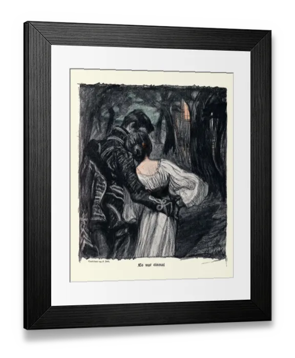 Framed Print : Young couple in love, walking through haunted darkness, Jugendstil art Framed Print : Young couple in love, walking through haunted darkness, Jugendstil art