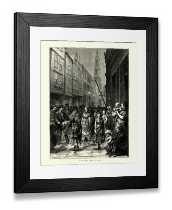 Framed Print : Low life, Crowed street scene, Drury Lane, Victorian London, 19th Century Framed Print : Low life, Crowed street scene, Drury Lane, Victorian London, 19th Century