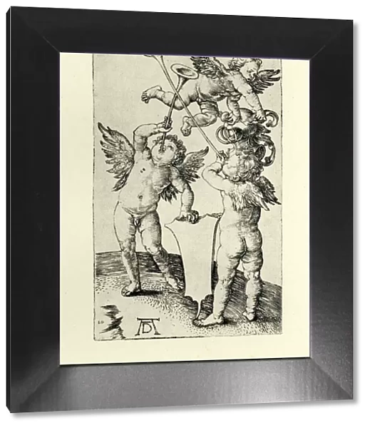Cherubs. Vintage engraving by Albrech Durer, showing three cherubs, c.1501
