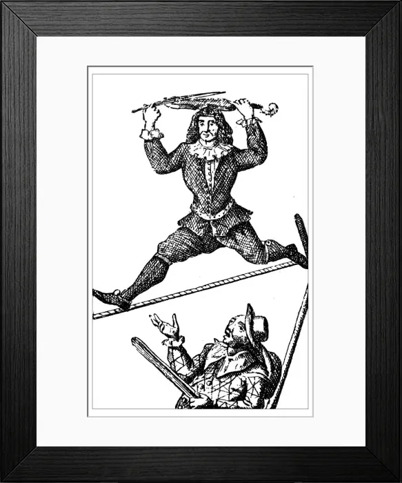 Framed Print : Antique illustration of 18th century acrobat on the tightope (Slacklining) Framed Print : Antique illustration of 18th century acrobat on the tightope (Slacklining)