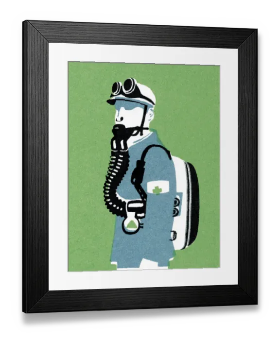 Framed Print : Man Wearing a Protective Suit and Gas Mask Framed Print : Man Wearing a Protective Suit and Gas Mask