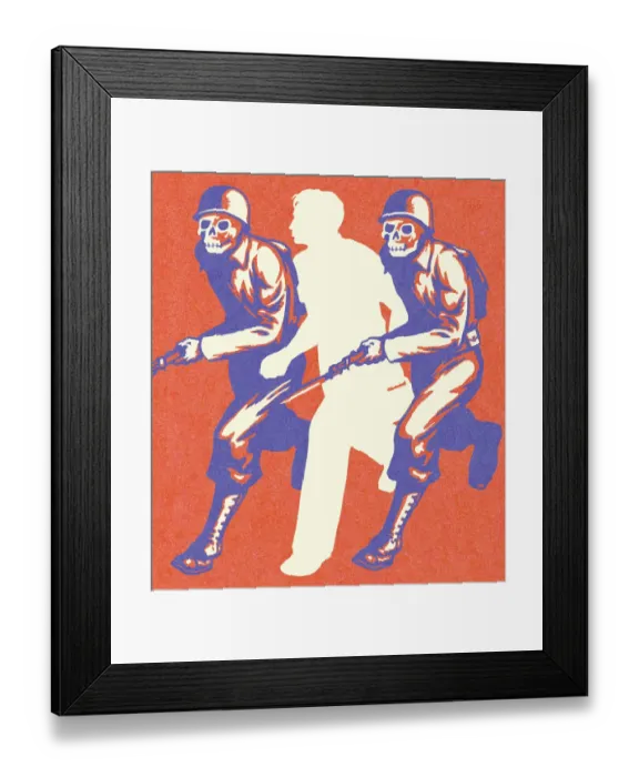 Framed Print : Man Running With Skeleton Soldiers Framed Print : Man Running With Skeleton Soldiers