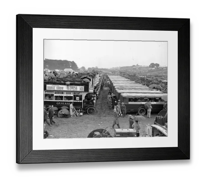 Framed Print : Bus Park. 5th June 1929: Buses and motor coaches parked at Epsom for the Derby horse race Framed Print : Bus Park. 5th June 1929: Buses and motor coaches parked at Epsom for the Derby horse race