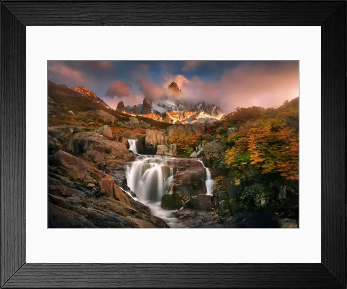 Framed Print : Serenity. Patagonia in autumn. Hidden waterfall with Mt