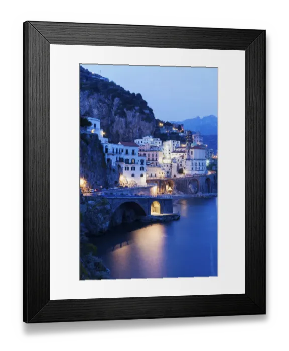 Framed Print : Italy, Campania, Atrani, Town on coastline at dusk Framed Print : Italy, Campania, Atrani, Town on coastline at dusk