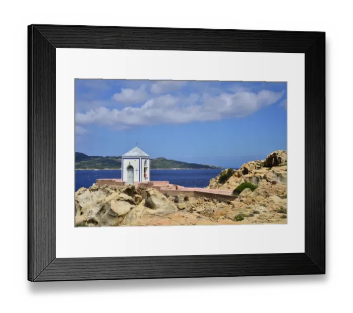 Framed Print : Chapel on the coast, Isola Spargi in back, Maddalena, National Park La Maddalena Framed Print : Chapel on the coast, Isola Spargi in back, Maddalena, National Park La Maddalena