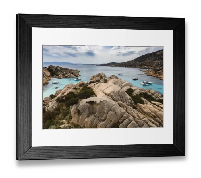 Framed Print : Boats in rocky cove, Maddalena Archipelago, Provincia di Olbia-Tempio, Italy
