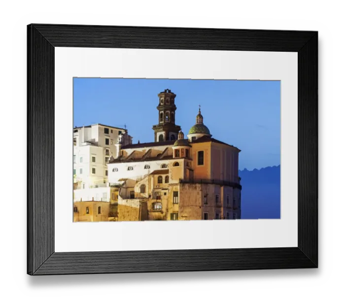 Framed Print : Italy, Campania, Atrani, Townhouses and tower at dusk