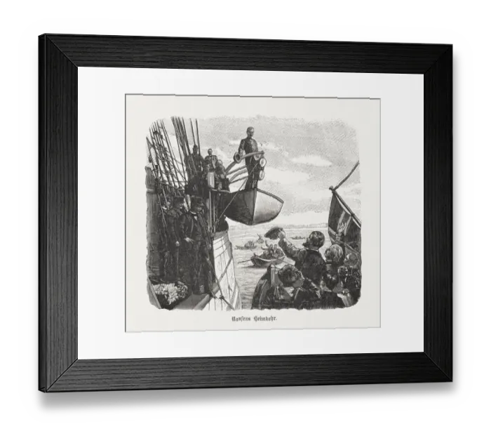 Framed Print : Nansens return from the Fram Expedition (1896), woodcut, published 1898 Framed Print : Nansens return from the Fram Expedition (1896), woodcut, published 1898