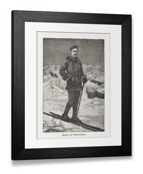 Framed Print : Fridtjof Nansen (1861-1930, Norwegian explorer) on skis, woodcut, published 1898 Framed Print : Fridtjof Nansen (1861-1930, Norwegian explorer) on skis, woodcut, published 1898