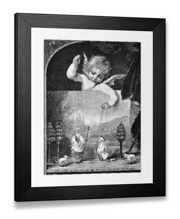 Framed Print : On Cupids thread: angel holds doll figures