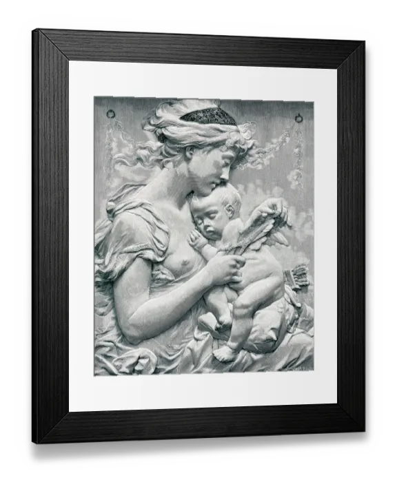 Framed Print : The sleeping cupid: woman holds an angel who is sitting on her lap Framed Print : The sleeping cupid: woman holds an angel who is sitting on her lap