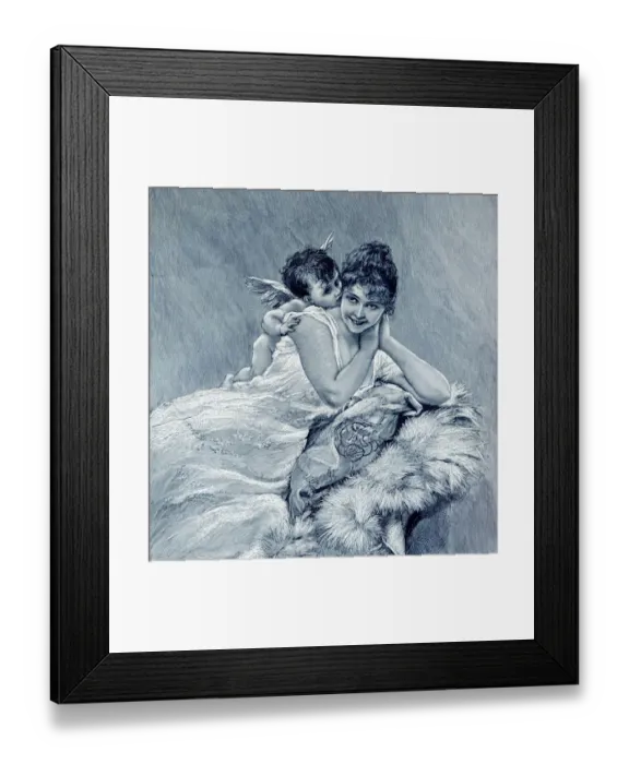 Framed Print : God of Love cupid kissing beautiful woman illustration 1901
