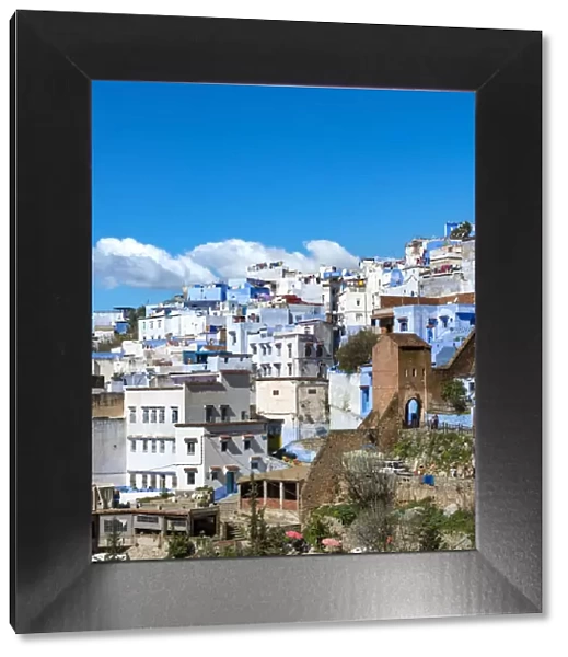 View on blue houses of the medina of Chefchaouen, Chaouen, reef mountains