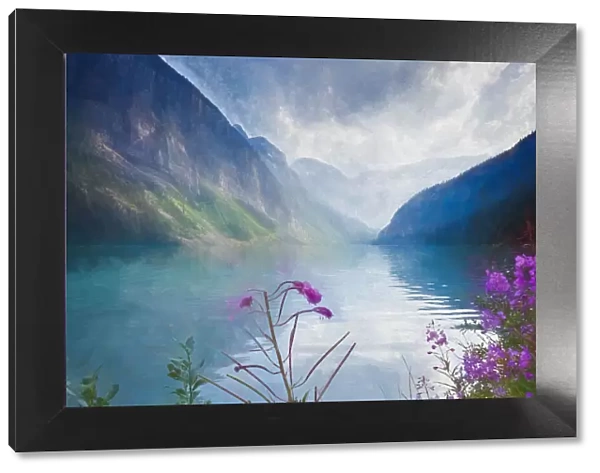 Artistic, Textured Image Featuring Lake Louise and Pink Purple Flowers