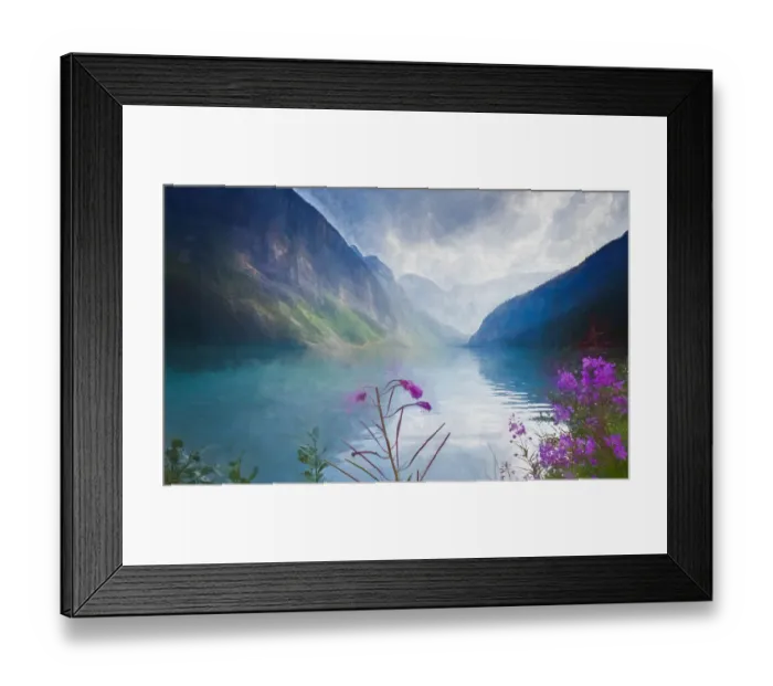 Framed Print : Artistic, Textured Image Featuring Lake Louise and Pink Purple Flowers Framed Print : Artistic, Textured Image Featuring Lake Louise and Pink Purple Flowers