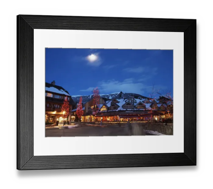 Framed Print : Canada, British Columbia, moon over Whistler Village at dusk Framed Print : Canada, British Columbia, moon over Whistler Village at dusk