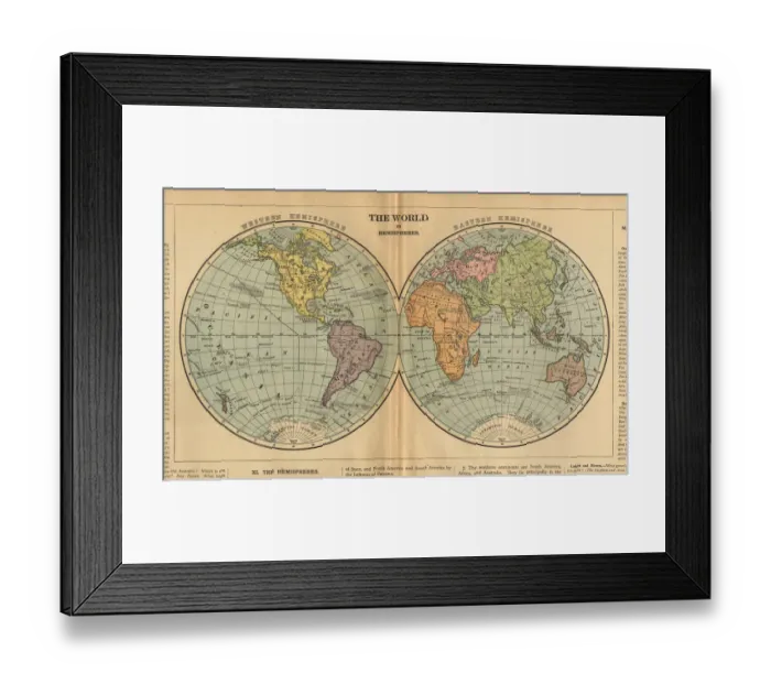 Framed Print : World in Hemispheres Antique Victorian Engraved Colored Map, 1899 Framed Print : World in Hemispheres Antique Victorian Engraved Colored Map, 1899