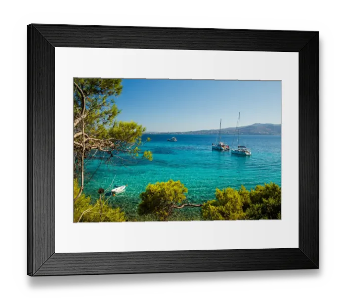 Framed Print : Yacht in the turquoise water near the island of Moni, Greece Framed Print : Yacht in the turquoise water near the island of Moni, Greece