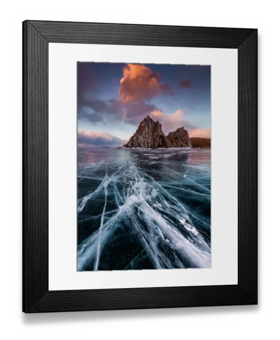 Framed Print : Sunset at the Rock Shamanka. Lake Baikal, winter