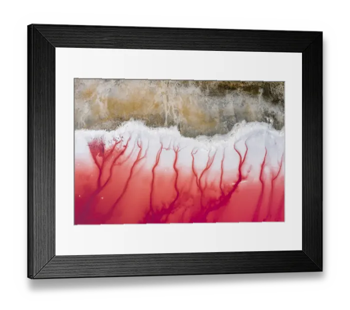 Framed Print : Aerial view of patterns of salty pink lake. Pink Salt Lake Hutt Lagoon