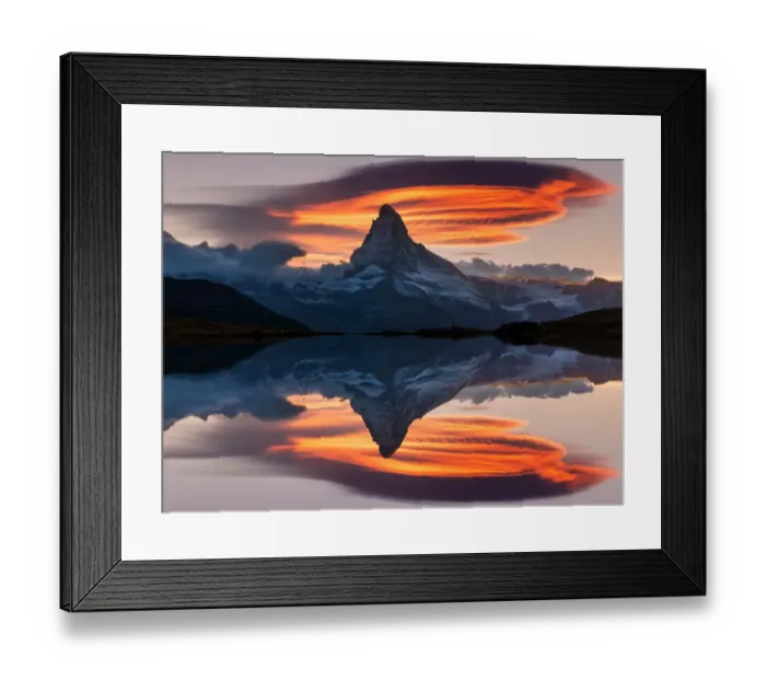 Framed Print : Matterhorn peak at sunset reflected in Stellisee Lake in Zermatt, Switzerland Framed Print : Matterhorn peak at sunset reflected in Stellisee Lake in Zermatt, Switzerland