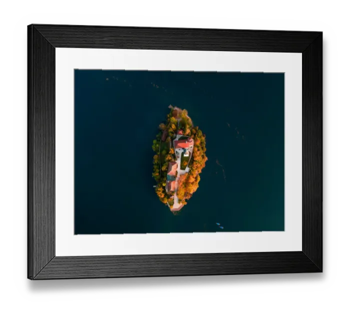 Framed Print : Bled Lake with Pilgrimage Church of the Assumption of Maria at sunrise. Aerial view Framed Print : Bled Lake with Pilgrimage Church of the Assumption of Maria at sunrise. Aerial view
