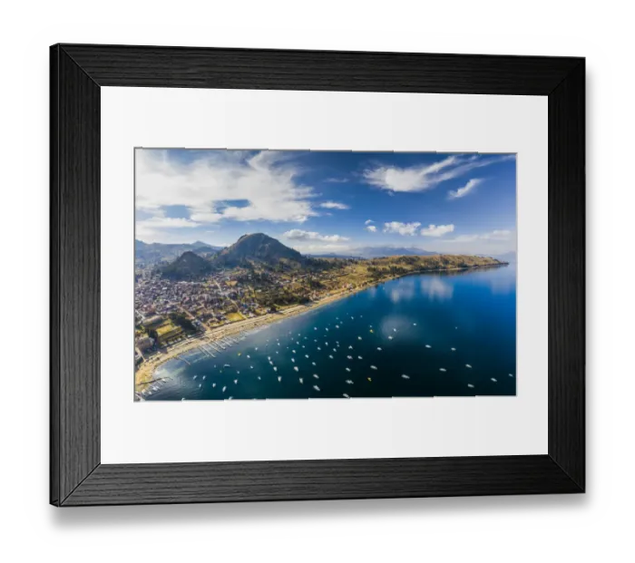 Framed Print : Panoramic aerial view of Titicaca lake and Copacabana city. Bolivia Framed Print : Panoramic aerial view of Titicaca lake and Copacabana city. Bolivia