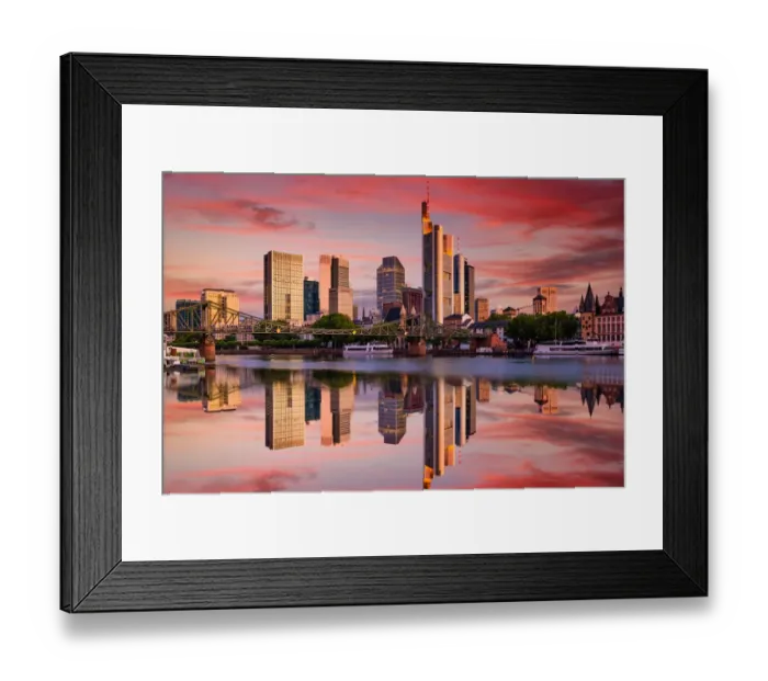 Framed Print : Cityscape of Frankfurt am Main at sunset. Reflection of skyscrapers in the river