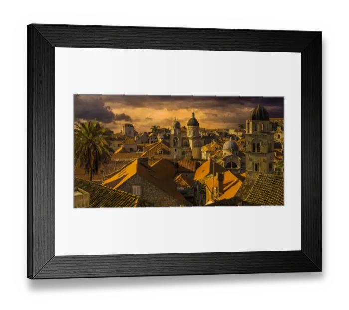 Framed Print : Skyline of Dubrovnik, Croatia at dusk with a view of rooftops and towers