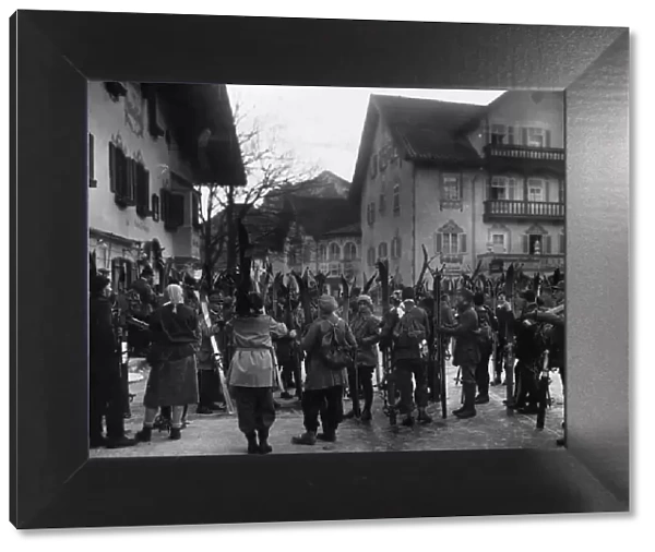 Ski Group. circa 1928: A group of tourists in Oberammergau waiting to go skiing in Bavaria