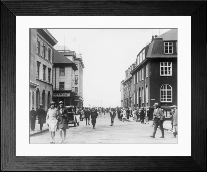 Framed Print : Rykjavik. 1930: Main street of Rykjavik, capital of Iceland on the occasion Framed Print : Rykjavik. 1930: Main street of Rykjavik, capital of Iceland on the occasion