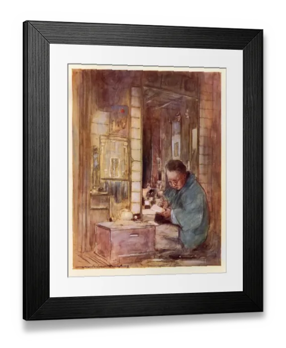 Framed Print : Japanese man kneeling reading letter, Art, Japan 19th Century