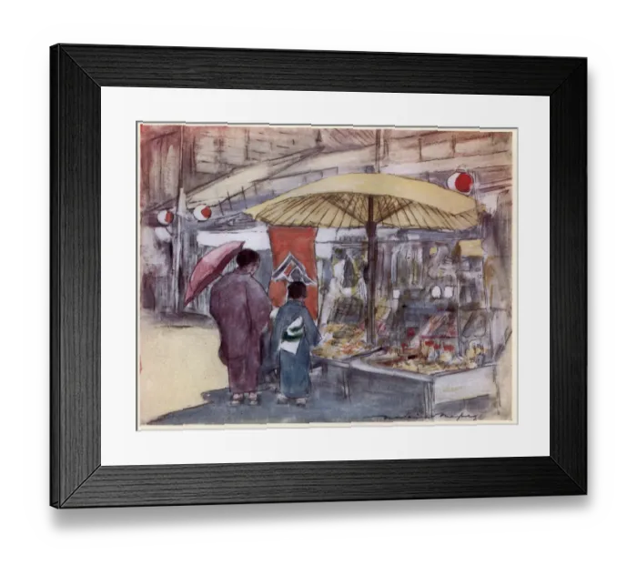 Framed Print : Japanese people in traditional dress shopping in street market, Art, Japan 19th Century