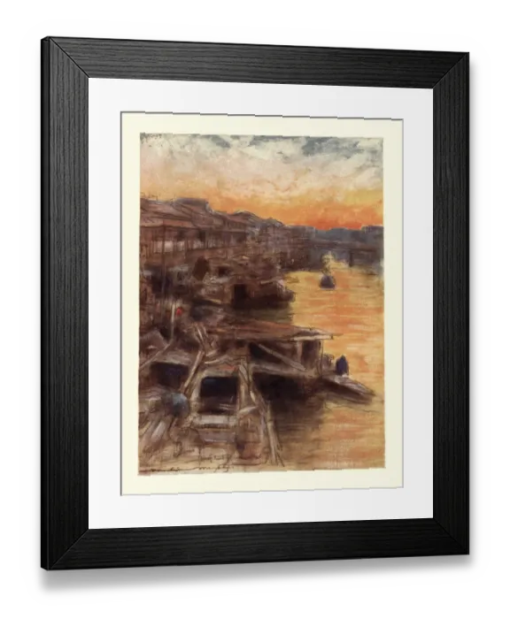 Framed Print : Vintage illustration of Japanese village at sunset, Art, Japan 19th Century
