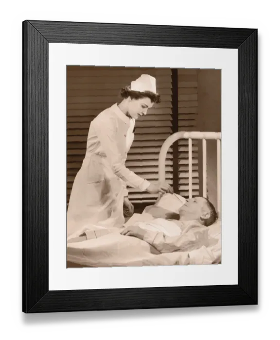 Framed Print : Nurse taking male patients temperature (B&W sepia tone)