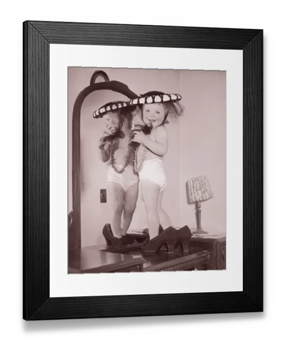 Framed Print : Toddler girl (21-24 months) wearing adults shoes, portrait (B&W)